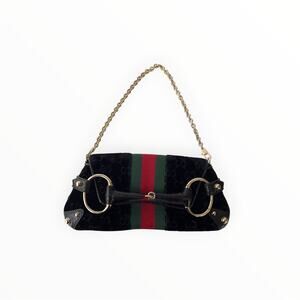 Vintage Gucci Black Velvet Lizard Horsebit Chain small